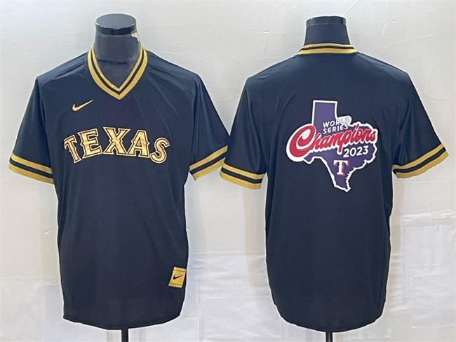 Men's Texas Rangers Black 2023 World Series Champions Big Logo Cool Base Stitched Baseball Jersey